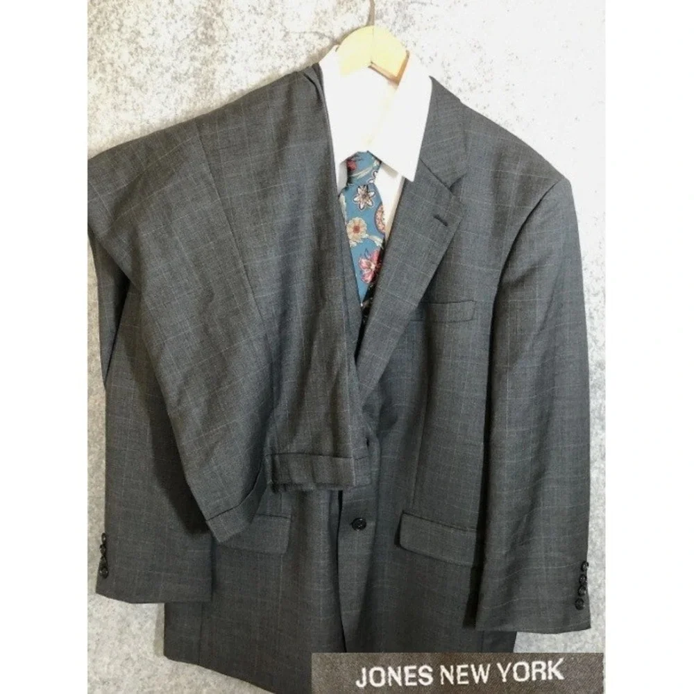 Jones New York Suit Men 46R Wool Cashmere Gray Glen Plaid Classic Jacket Pant 40